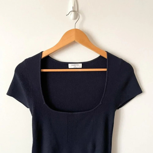 Aritzia Babaton Emerge Ribbed Knit Mini Dress Dress Navy Blue Size Medium - Picture 4 of 7